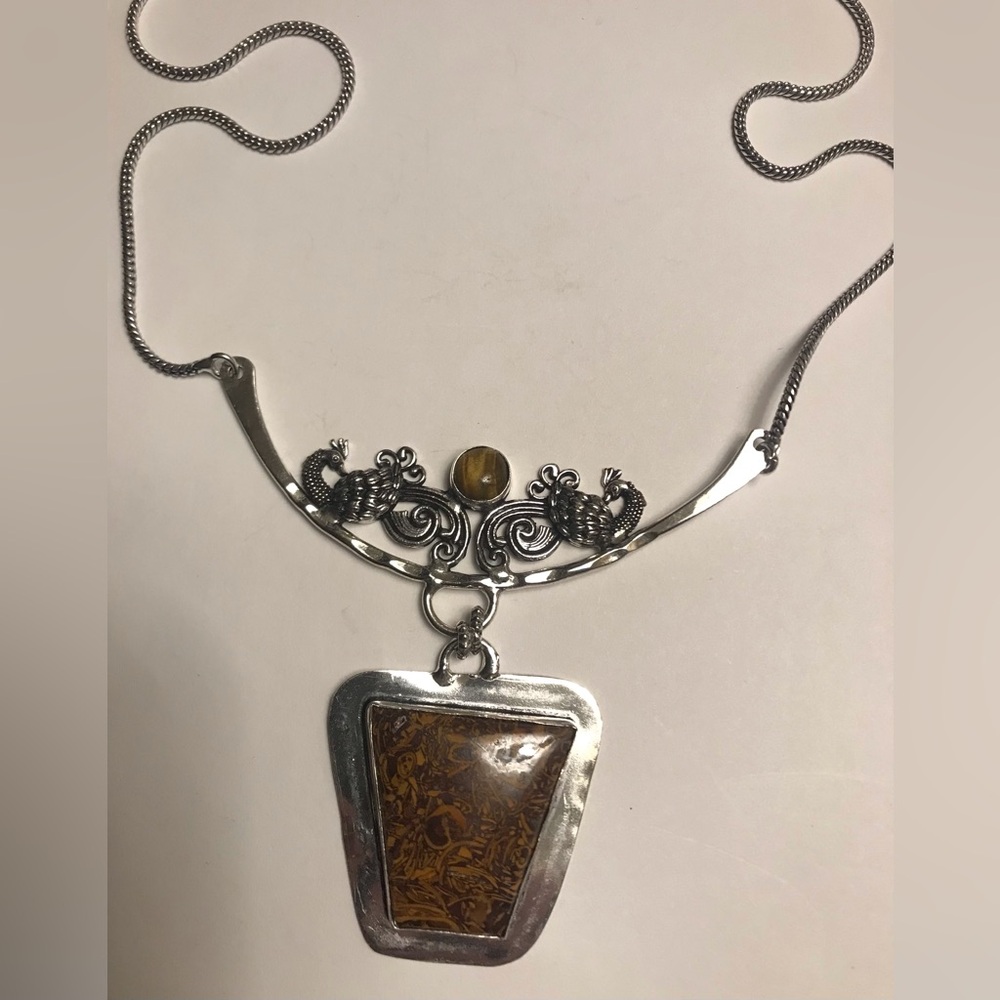Tiger Eye Miraim Jasper Stamped 925 Sterling Silver Necklace